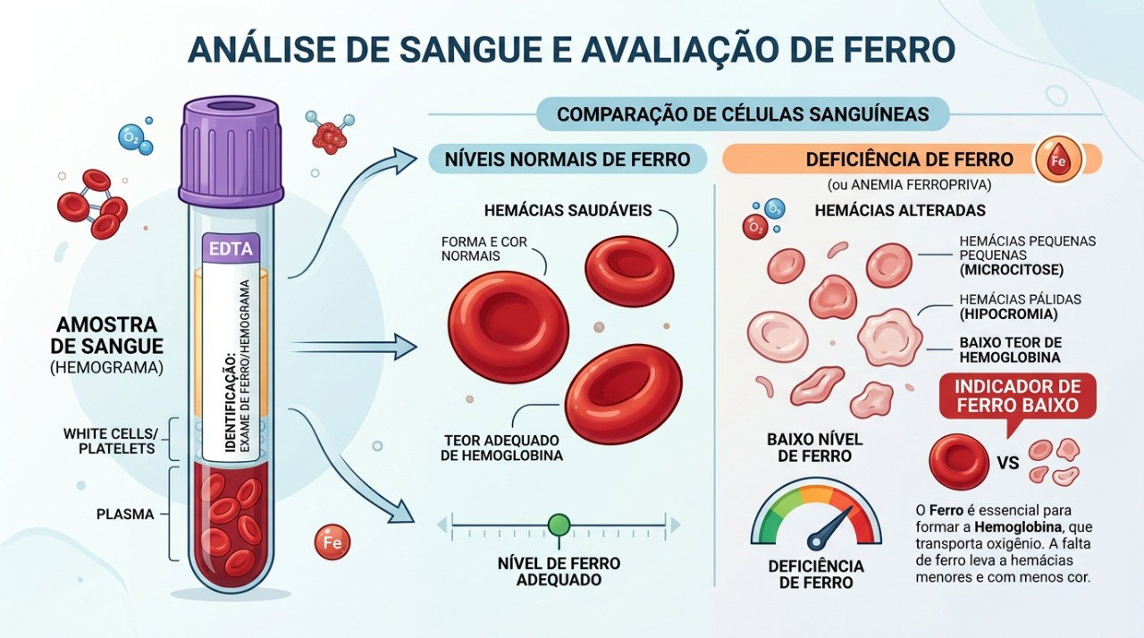 Hemograma, ferritina e outros exames ajudam a investigar anemia e deficiência de ferro.