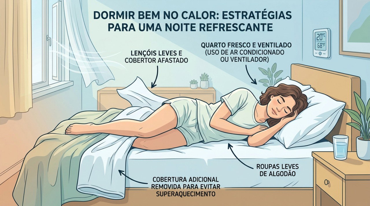 Manter o quarto fresco e usar roupas leves pode ajudar a reduzir o desconforto dos calorões noturnos.