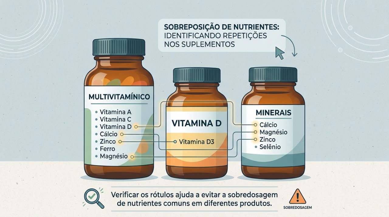 Comparar os rótulos ajuda a identificar vitaminas e minerais repetidos em diferentes suplementos.