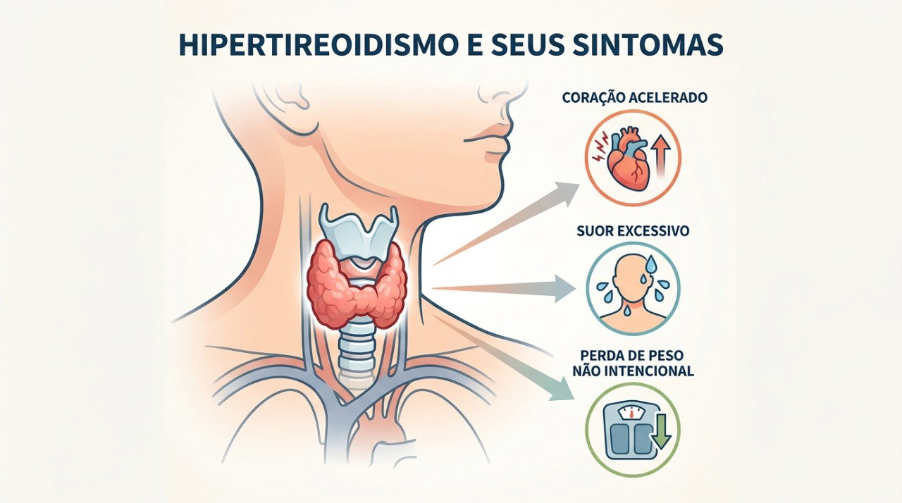 Excesso de hormônios da tireoide pode acelerar o coração e causar intolerância ao calor e emagrecimento.