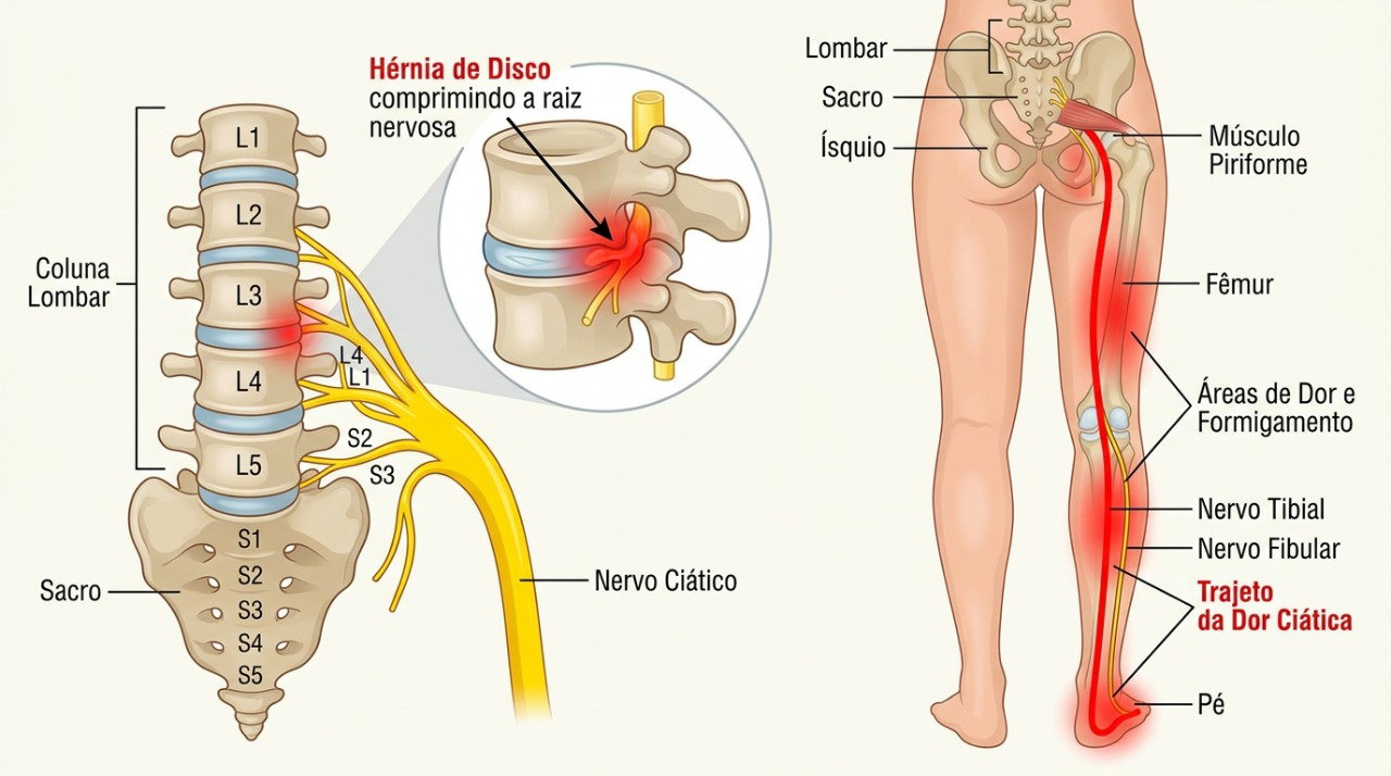 A ciática pode causar dor, formigamento ou dormência ao longo do trajeto do nervo até a perna.