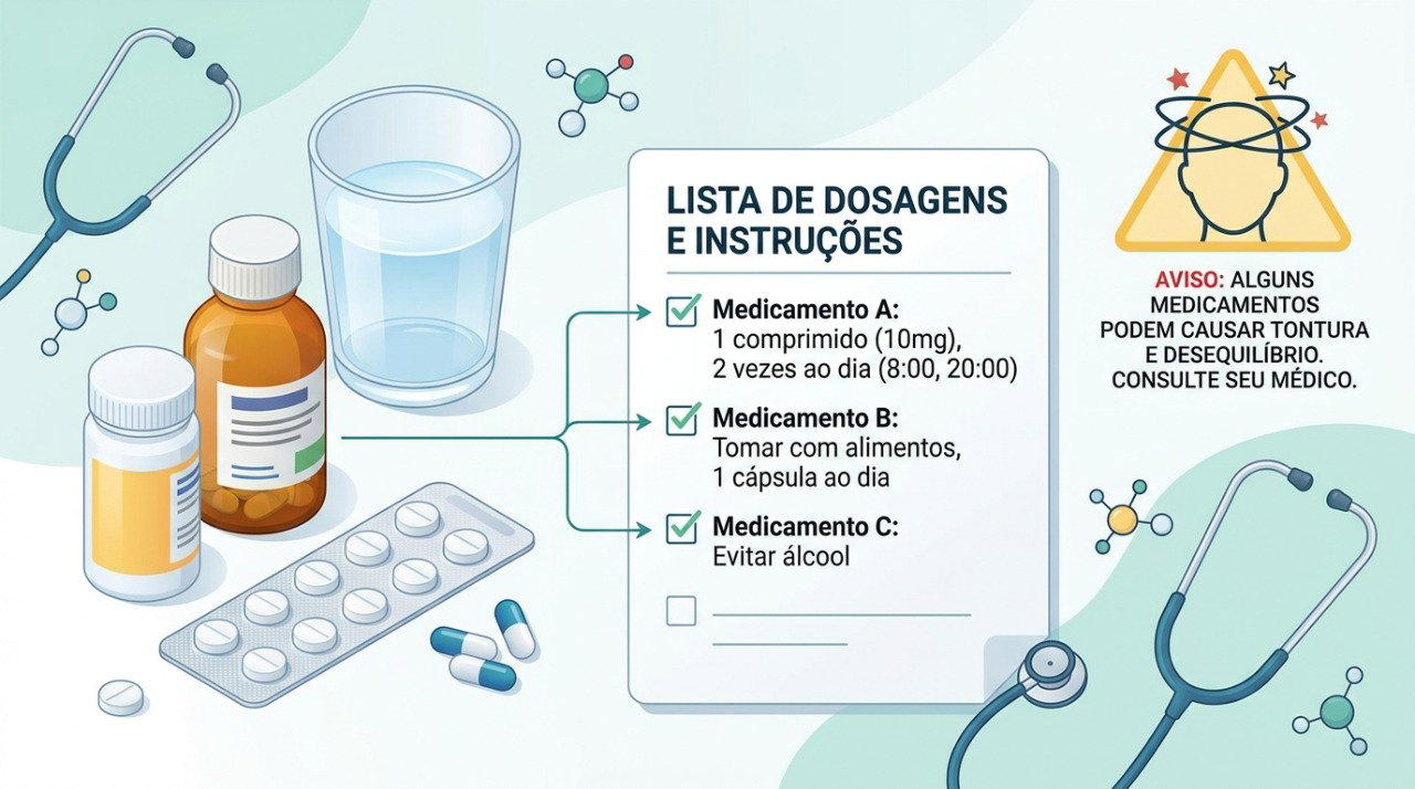 Revisar medicamentos, doses e horários ajuda a investigar tontura e outros efeitos que favorecem quedas.