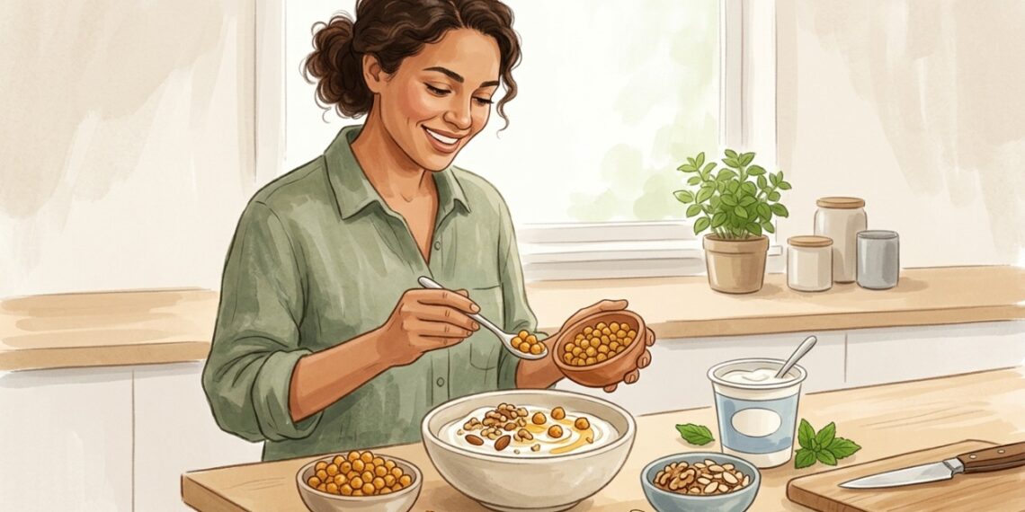 Iogurte, grão-de-bico e castanhas são alternativas práticas para variar o lanche proteico sem ovo.