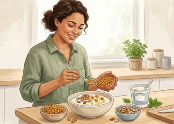 Iogurte, grão-de-bico e castanhas são alternativas práticas para variar o lanche proteico sem ovo.