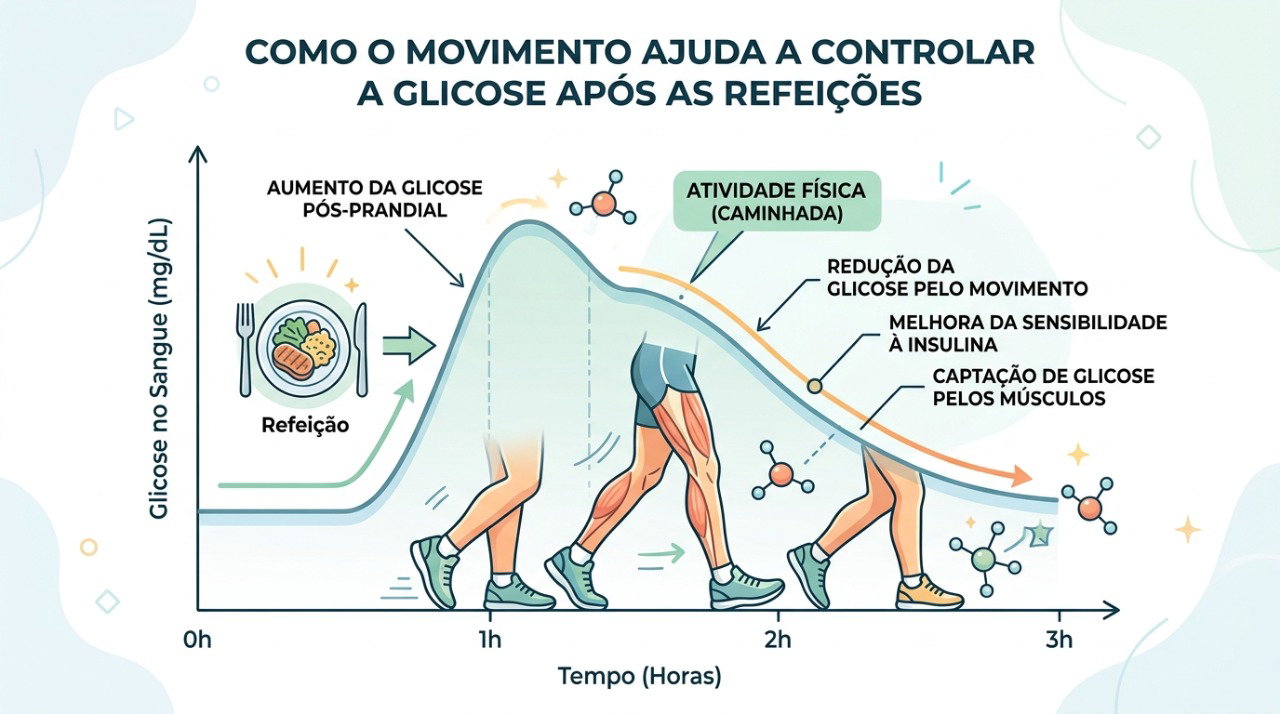 A atividade muscular após a refeição pode favorecer a captação de glicose e suavizar o pico glicêmico.
