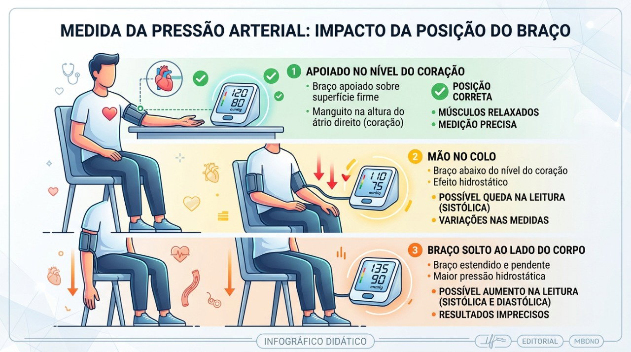 A posição do braço durante a aferição pode deixar a pressão arterial artificialmente mais alta.