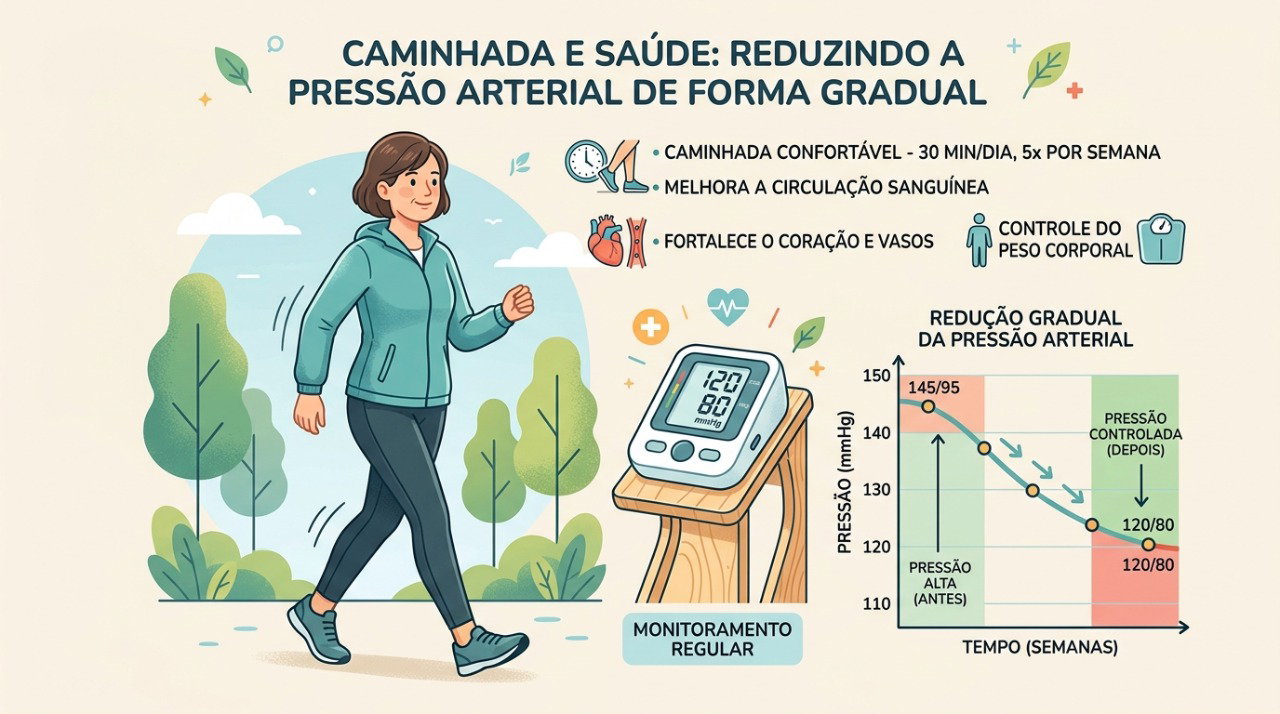 A caminhada regular pode contribuir para reduzir a pressão arterial quando associada ao tratamento adequado.