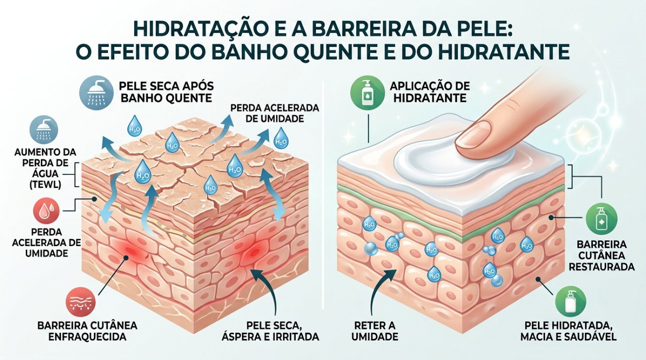 Banhos quentes podem prejudicar a barreira da pele, enquanto o hidratante ajuda a reduzir a perda de água.