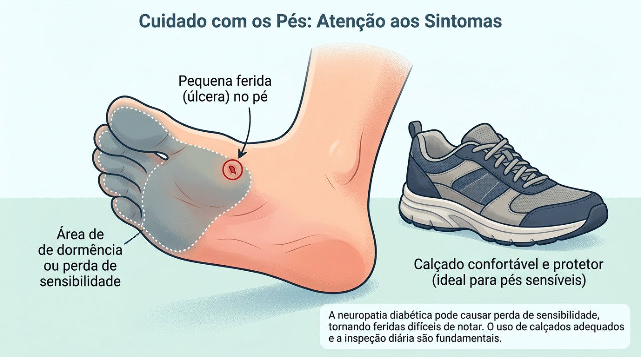 A neuropatia diabética pode reduzir a sensibilidade dos pés e dificultar a percepção de cortes, bolhas e queimaduras.