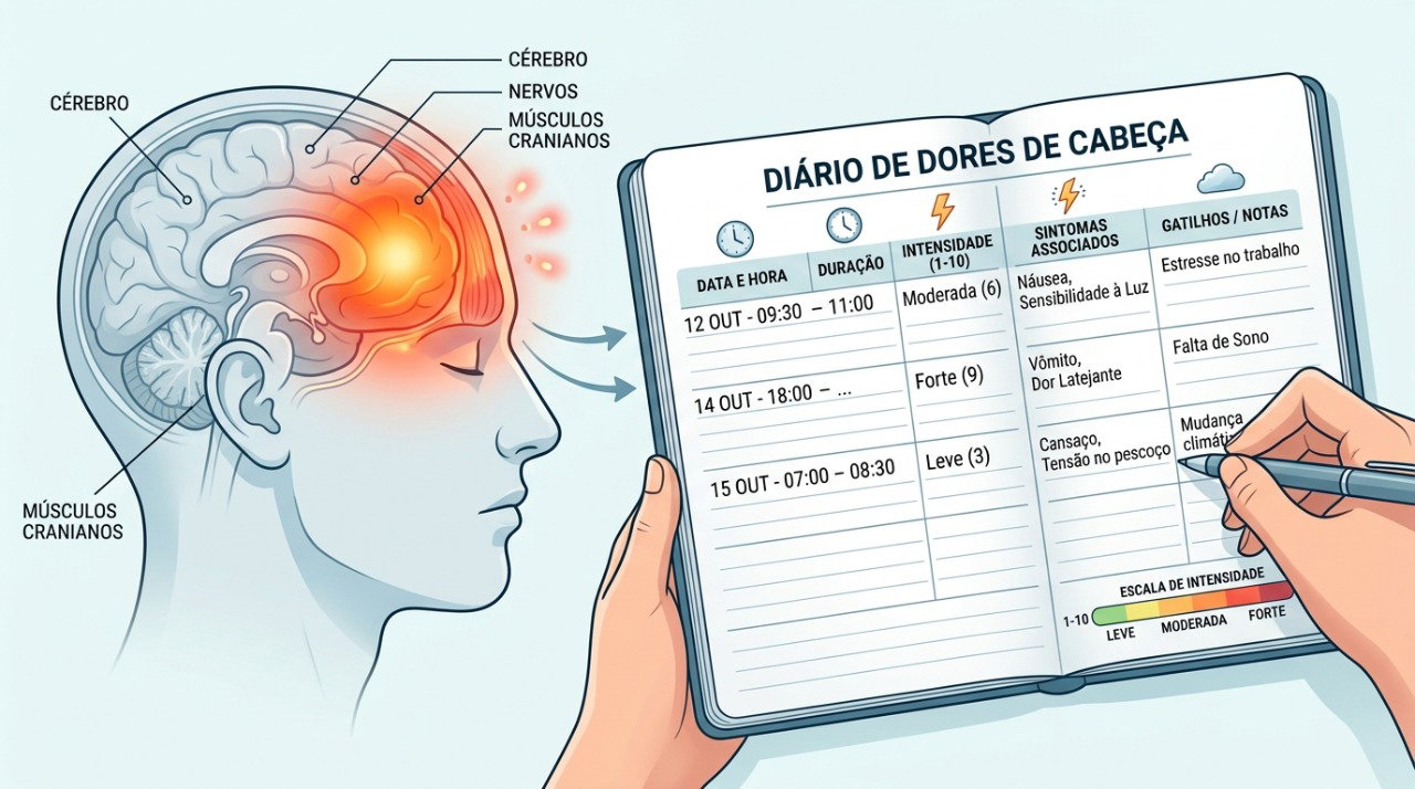 Registrar quando a dor começa, intensidade e sintomas associados pode ajudar na investigação da cefaleia.