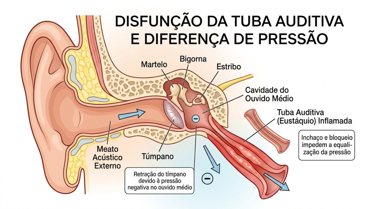 A inflamação da tuba auditiva pode alterar a pressão atrás do tímpano e causar sensação de ouvido cheio.