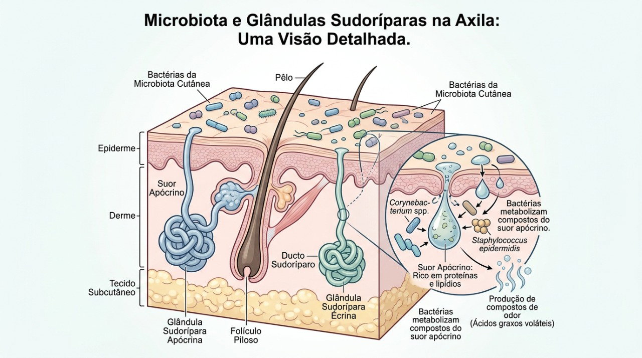 O odor das axilas surge principalmente da interação entre secreções da pele e bactérias da microbiota.