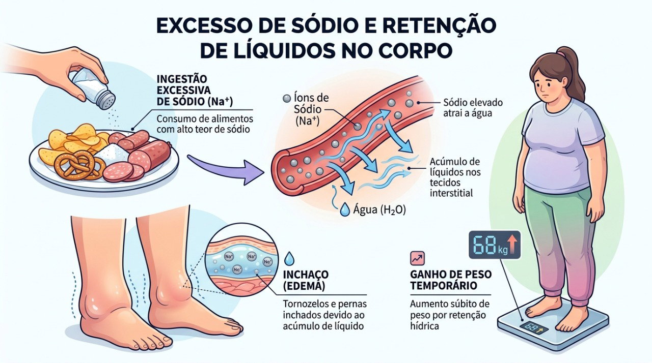 O excesso de sódio pode aumentar temporariamente a retenção de água e provocar inchaço e variação no peso.