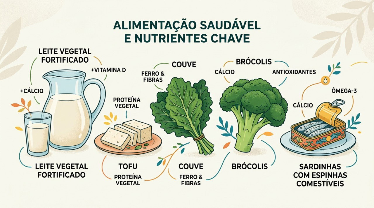 Bebidas fortificadas, tofu, vegetais e sardinha podem contribuir para a ingestão diária de cálcio.