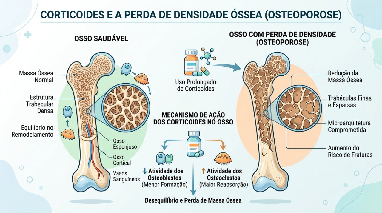 Corticoides usados por longos períodos podem reduzir a resistência óssea e aumentar o risco de fraturas.