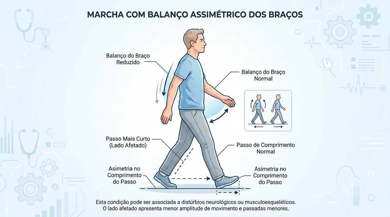 Assimetria no balanço dos braços pode aparecer junto com lentidão, rigidez ou alterações na caminhada.