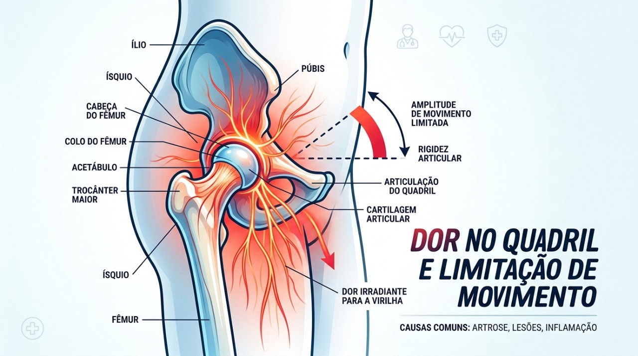 Alterações na articulação do quadril podem causar dor na virilha, rigidez e dificuldade para movimentar a perna.