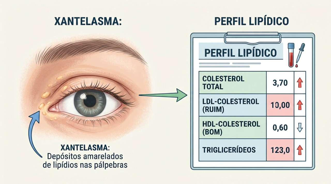O xantelasma pode levar à investigação do perfil lipídico, embora também apareça em pessoas com colesterol normal.