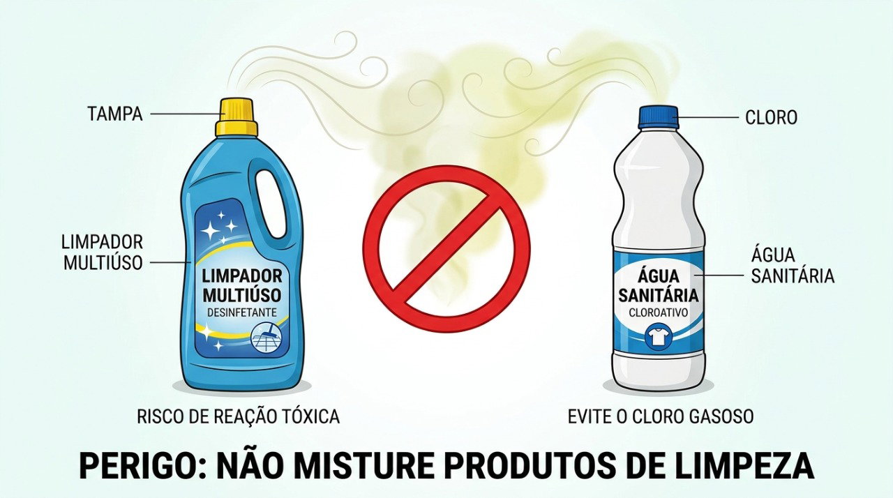 Água sanitária não deve ser misturada com outros produtos de limpeza por risco de liberação de gases tóxicos.