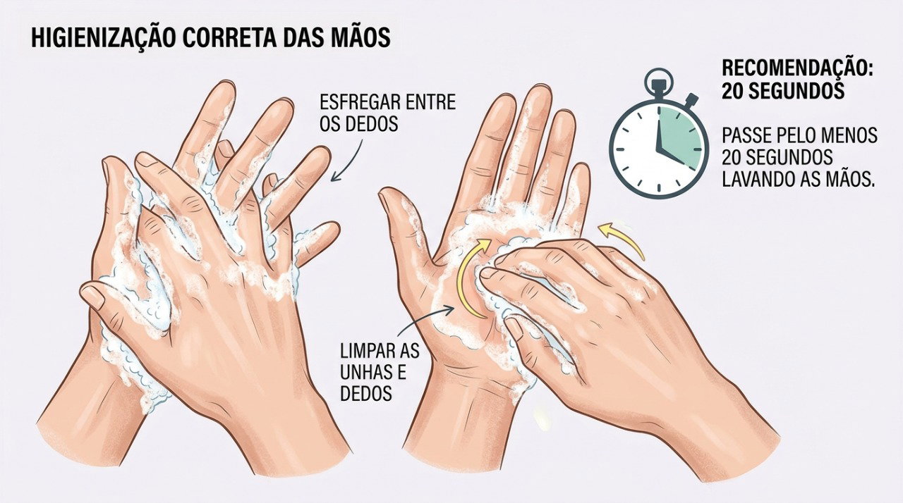 Esfregar todas as regiões das mãos por cerca de 20 segundos melhora a eficiência da lavagem.