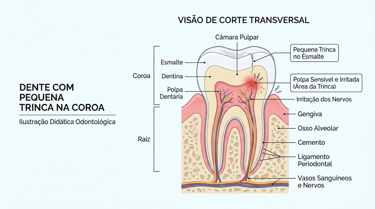 Uma trinca pode irritar a parte interna do dente e provocar dor ao morder ou soltar a mordida.