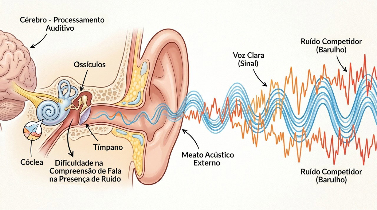 O ruído de fundo pode dificultar a identificação e a compreensão das palavras.