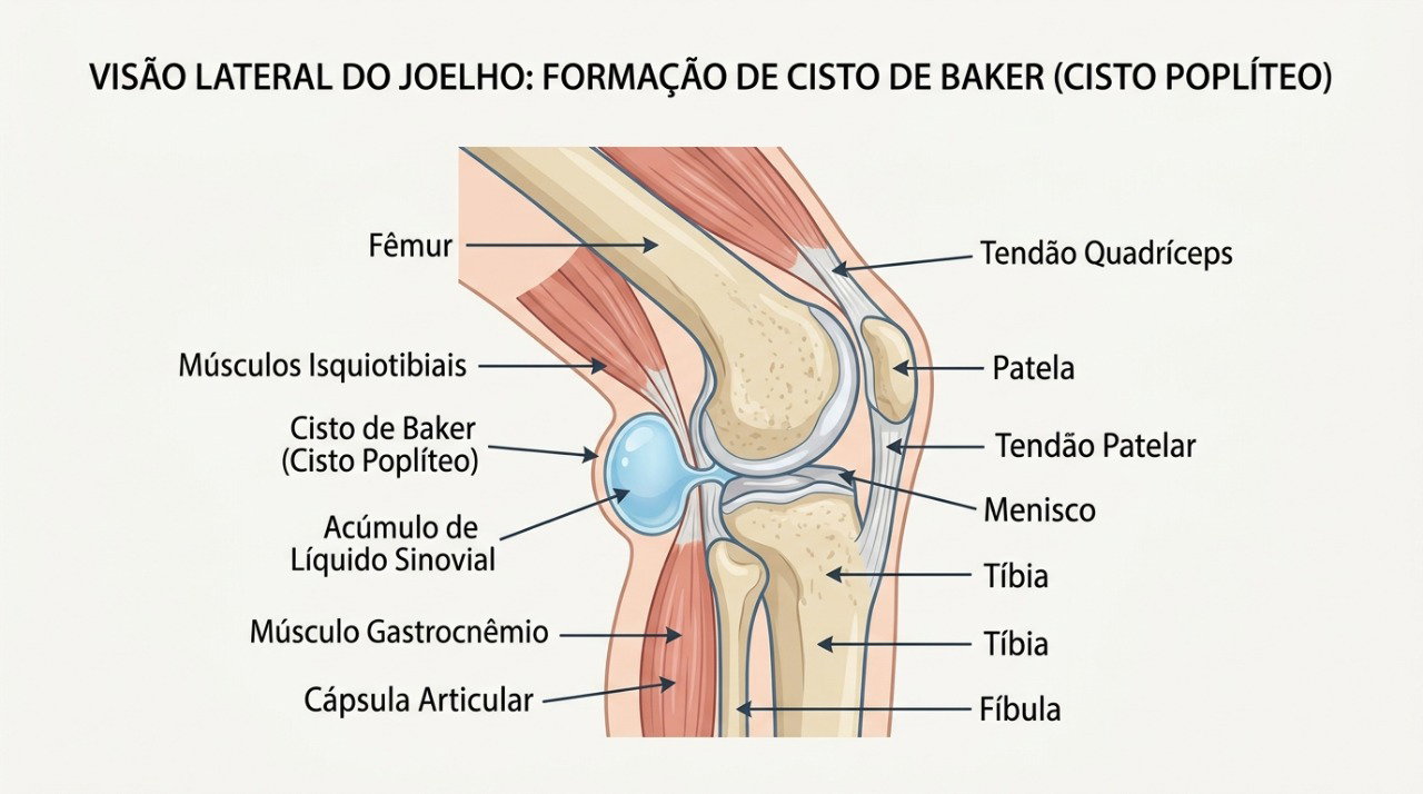 O cisto de Baker pode se formar quando o excesso de líquido da articulação se acumula atrás do joelho.