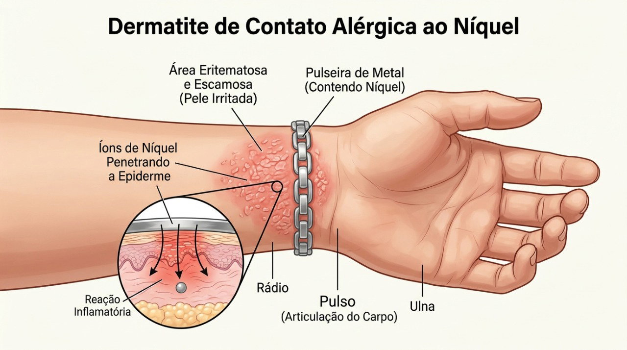 O contato com níquel presente em alguns acessórios pode desencadear irritação ou alergia na pele.