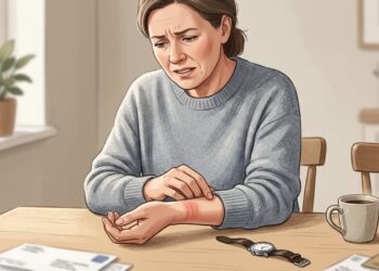Vermelhidão no formato do relógio ou da pulseira pode indicar dermatite de contato.
