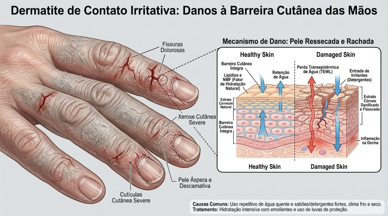 O contato frequente com água e detergentes pode enfraquecer a barreira protetora da pele.