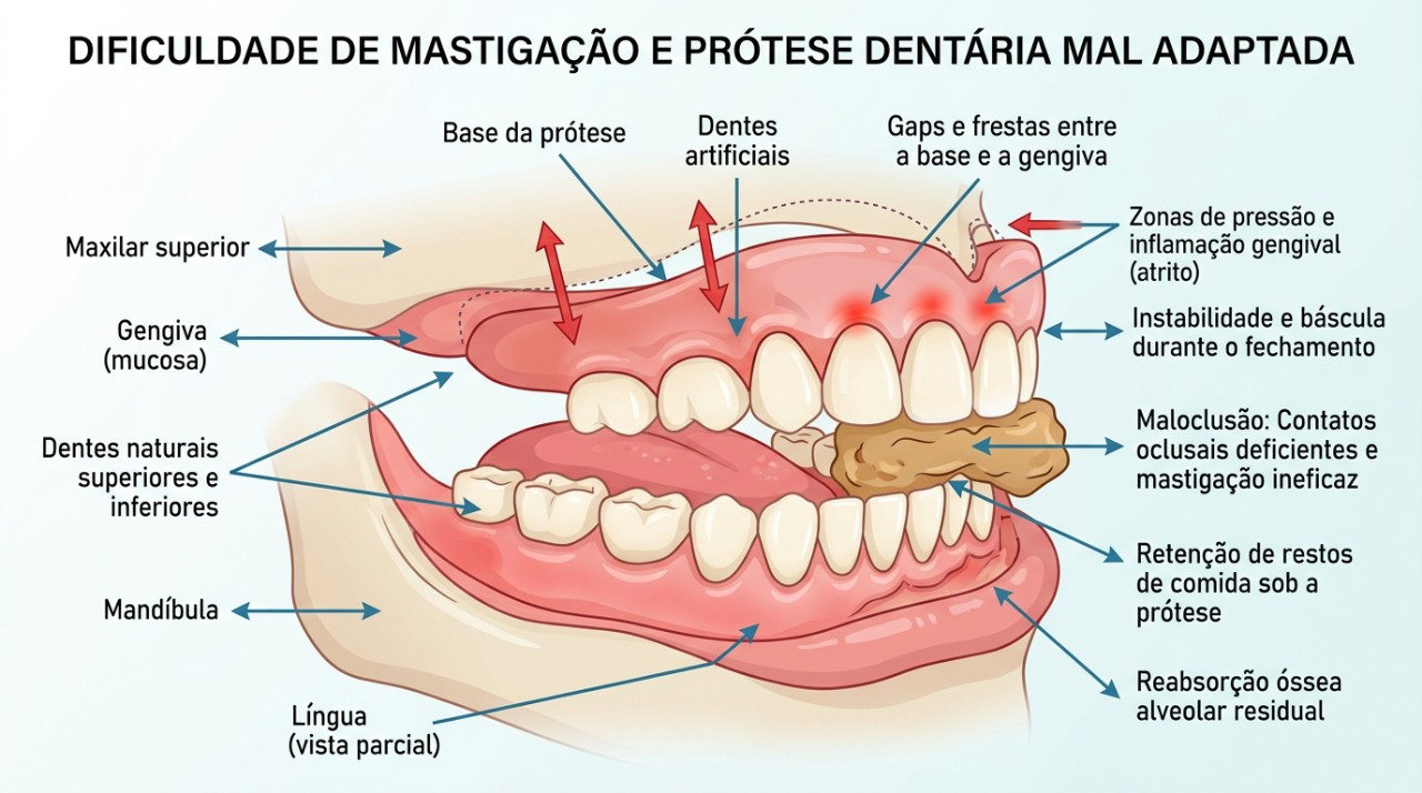 Dentes, gengivas e próteses mal ajustadas podem reduzir a eficiência da mastigação.
