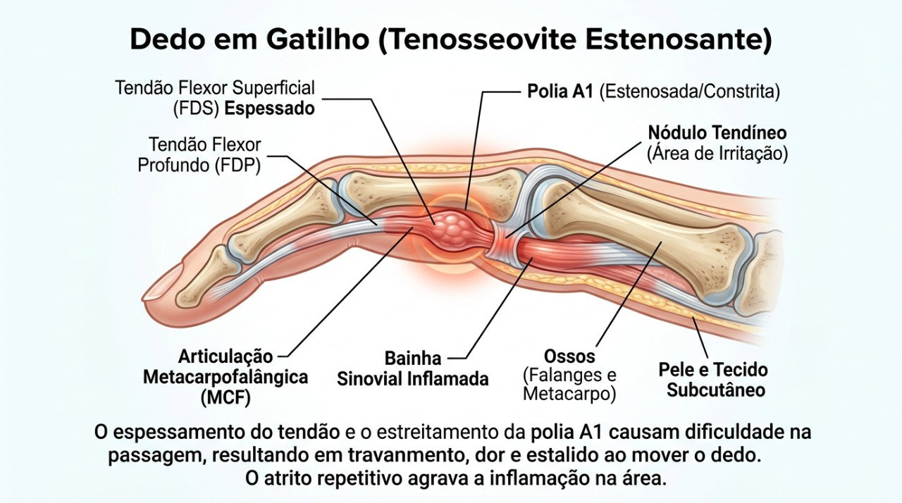 No dedo em gatilho, o tendão pode encontrar dificuldade para deslizar pela passagem na base do dedo.