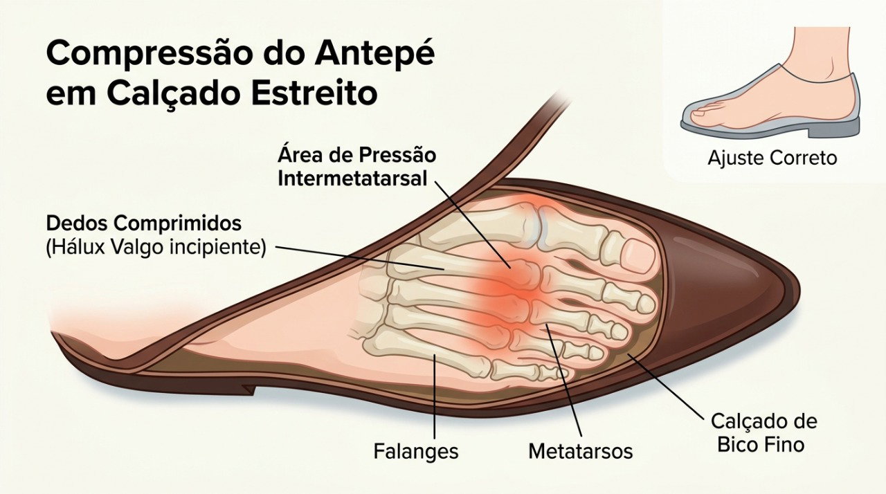 A compressão dos dedos pelo calçado pode aumentar a pressão sobre nervos e estruturas do antepé.