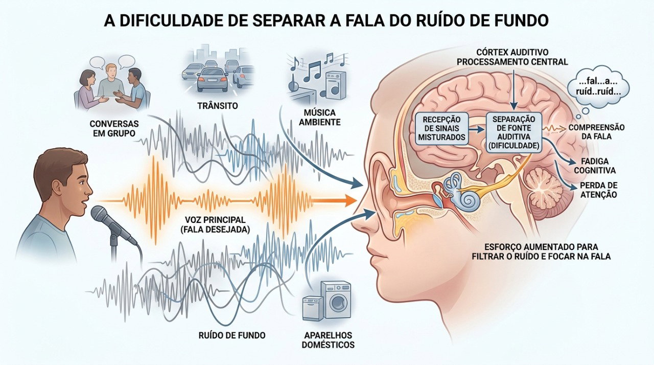 Com o envelhecimento, separar a voz principal dos ruídos ao redor pode ficar mais difícil.