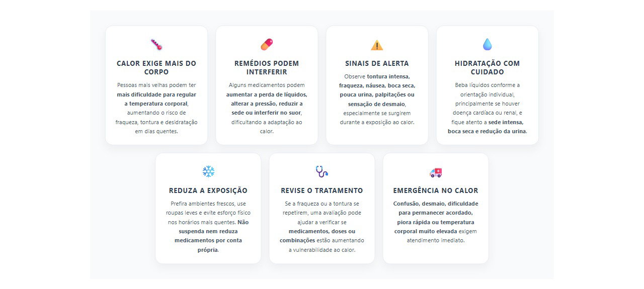Fraqueza e tontura no calor: remédios podem aumentar o risco após os 65