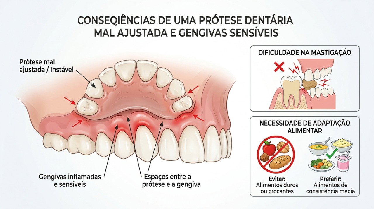 Dentes, gengivas e próteses podem influenciar a mastigação e a qualidade da alimentação.