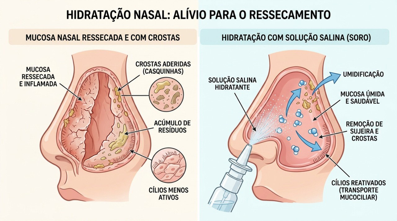 O soro fisiológico ajuda a umedecer a mucosa nasal ressecada e favorece a remoção suave de crostas.
