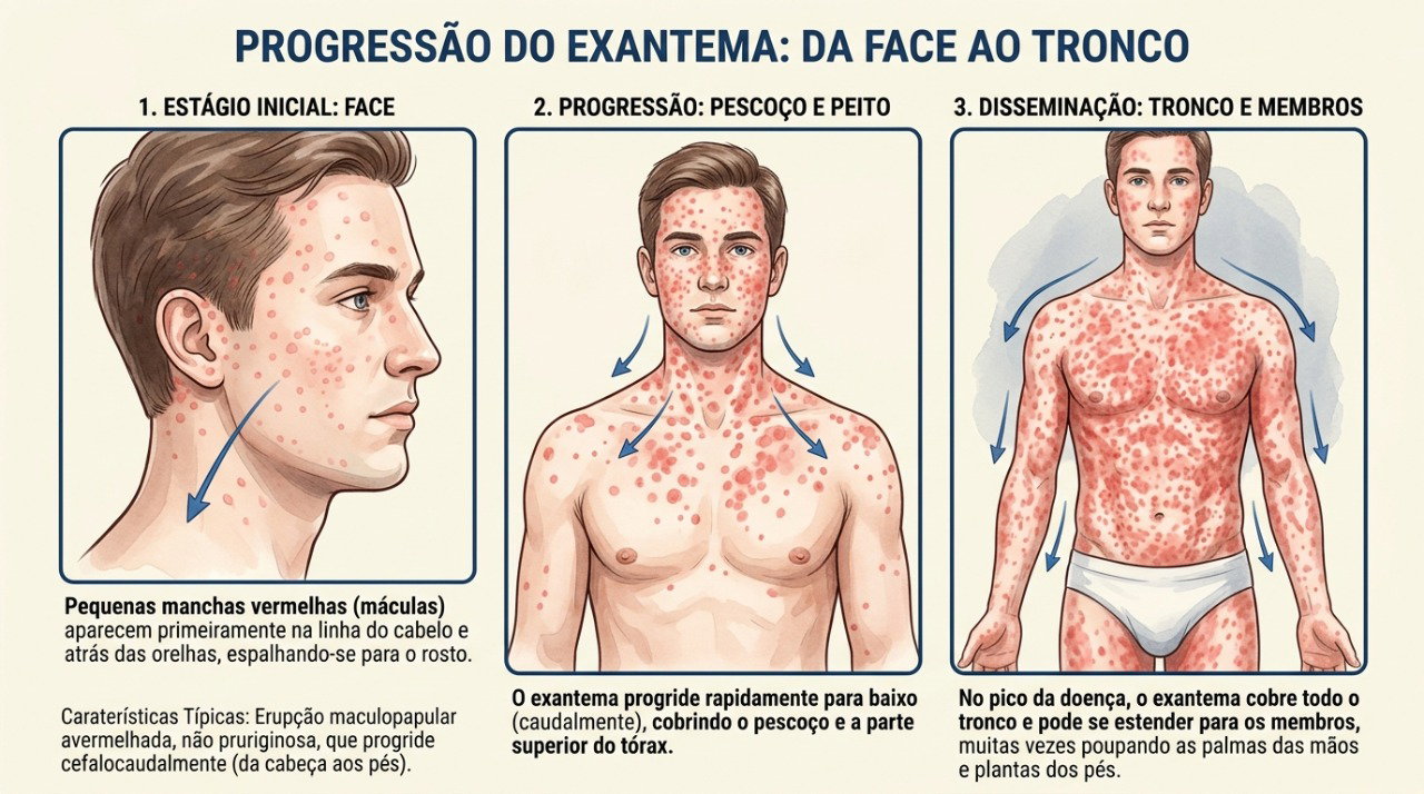 No sarampo, as manchas vermelhas costumam surgir no rosto e depois se espalhar pelo corpo.
