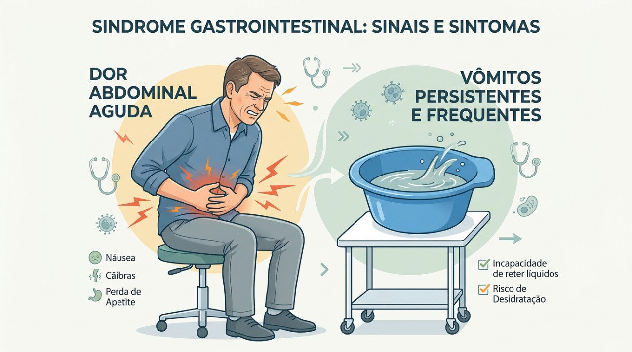 Dor abdominal intensa e vômitos persistentes estão entre os sinais de alerta que exigem avaliação rápida.