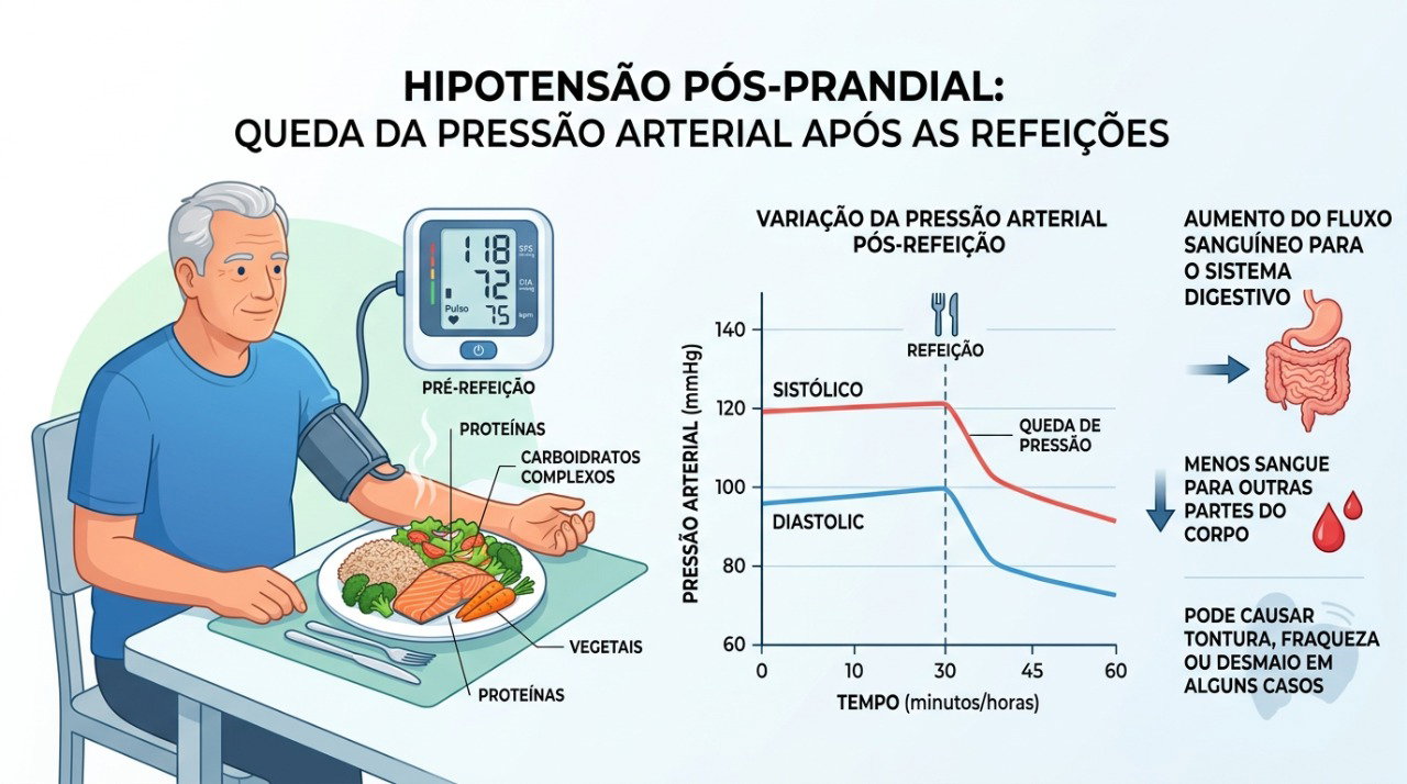 A hipotensão pós-prandial pode causar queda da pressão e sintomas como tontura depois das refeições.