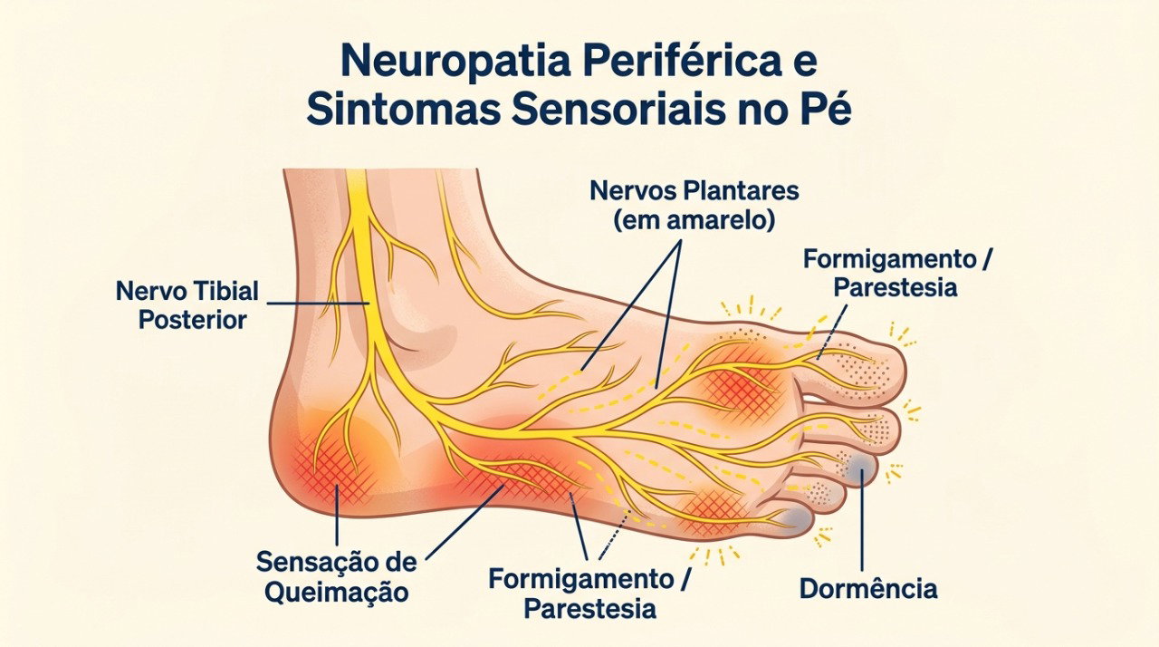 Alterações nos nervos periféricos podem causar ardência, formigamento e dormência mesmo sem lesões visíveis.