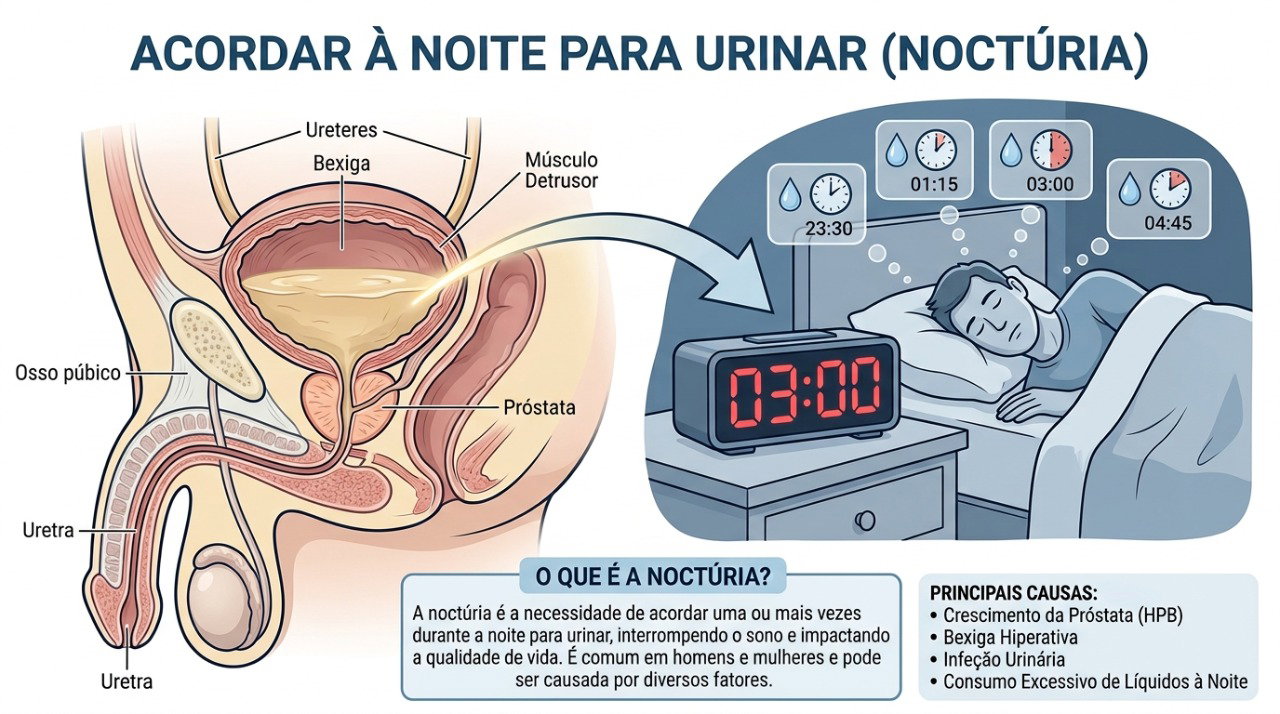 A noctúria pode estar relacionada à produção de urina, à capacidade da bexiga e a distúrbios do sono.