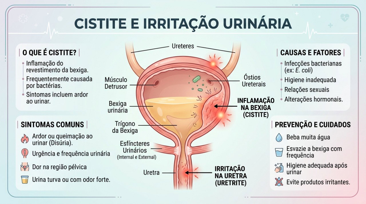 A inflamação da bexiga pode causar ardor, urgência e aumento da frequência urinária.