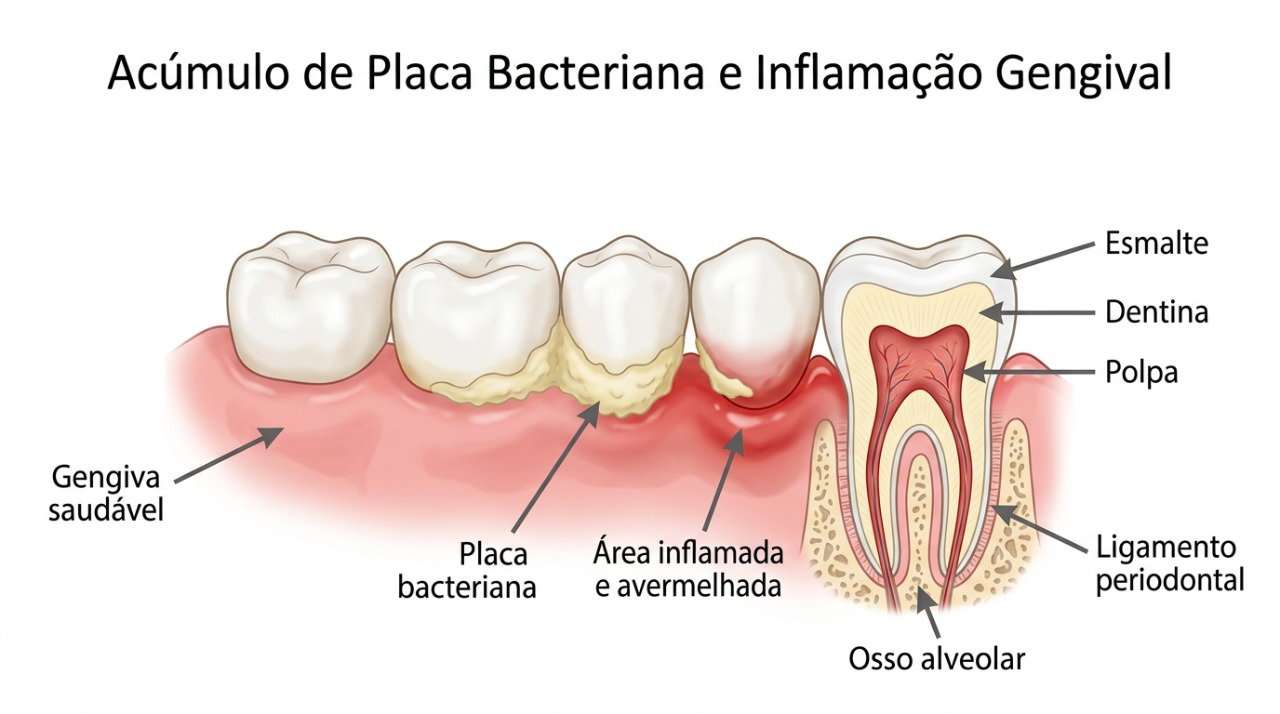 O acúmulo de placa pode inflamar a gengiva e favorecer sangramento durante a escovação e o uso do fio dental.