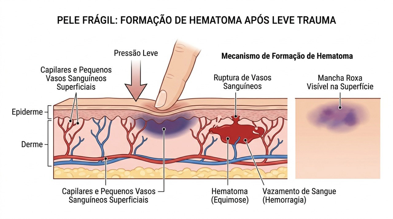 Com a idade, a pele fica mais fina e pequenos vasos podem romper com maior facilidade.