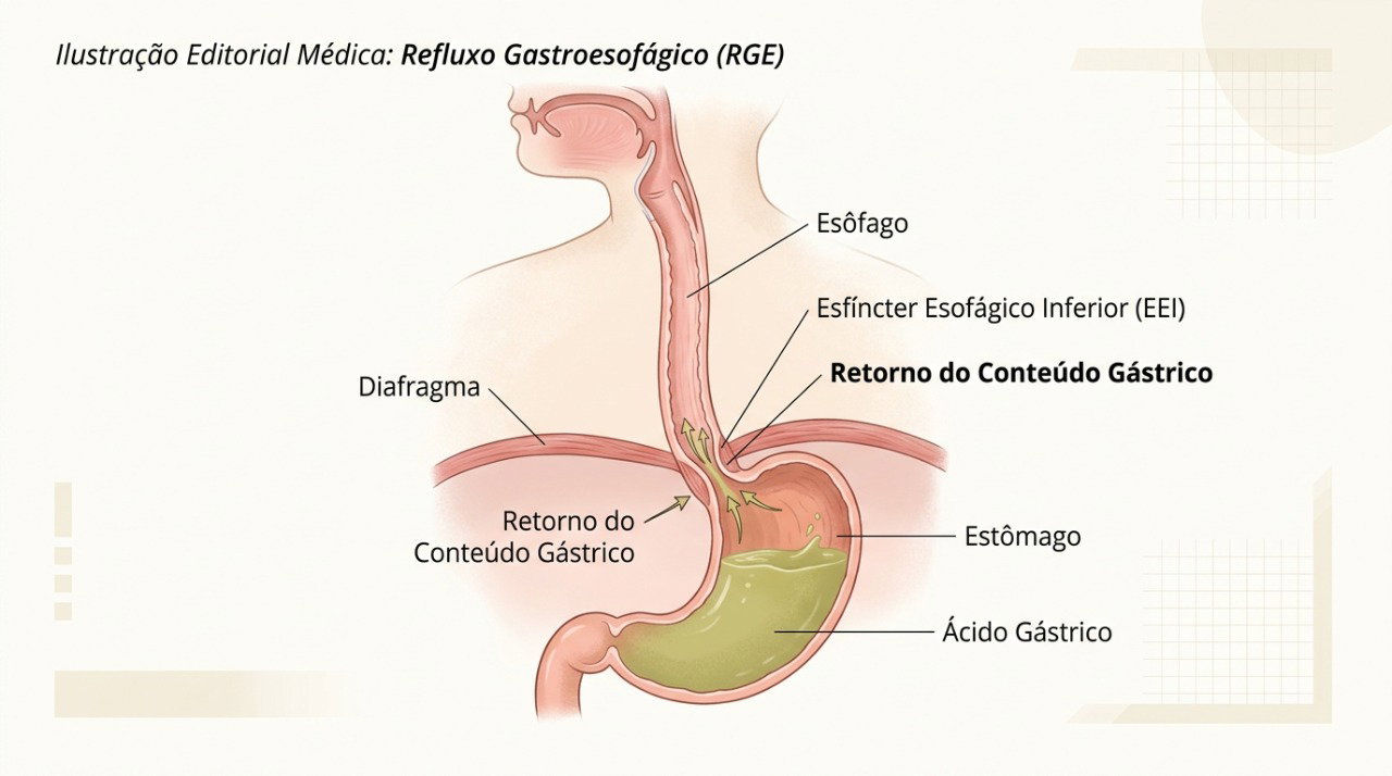O refluxo pode levar conteúdo do estômago ao esôfago e irritar a garganta, favorecendo tosse e pigarro.
