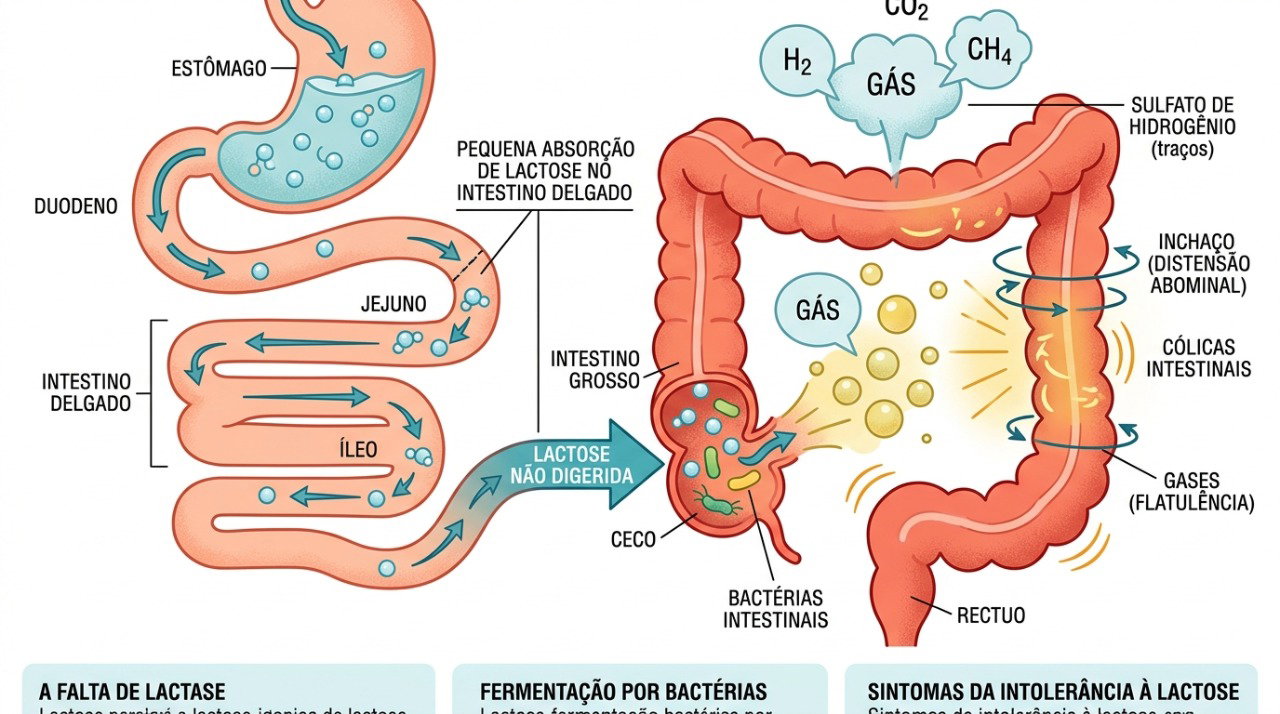 Quando há pouca lactase, a lactose pode chegar ao intestino grosso e provocar gases, cólicas e diarreia.