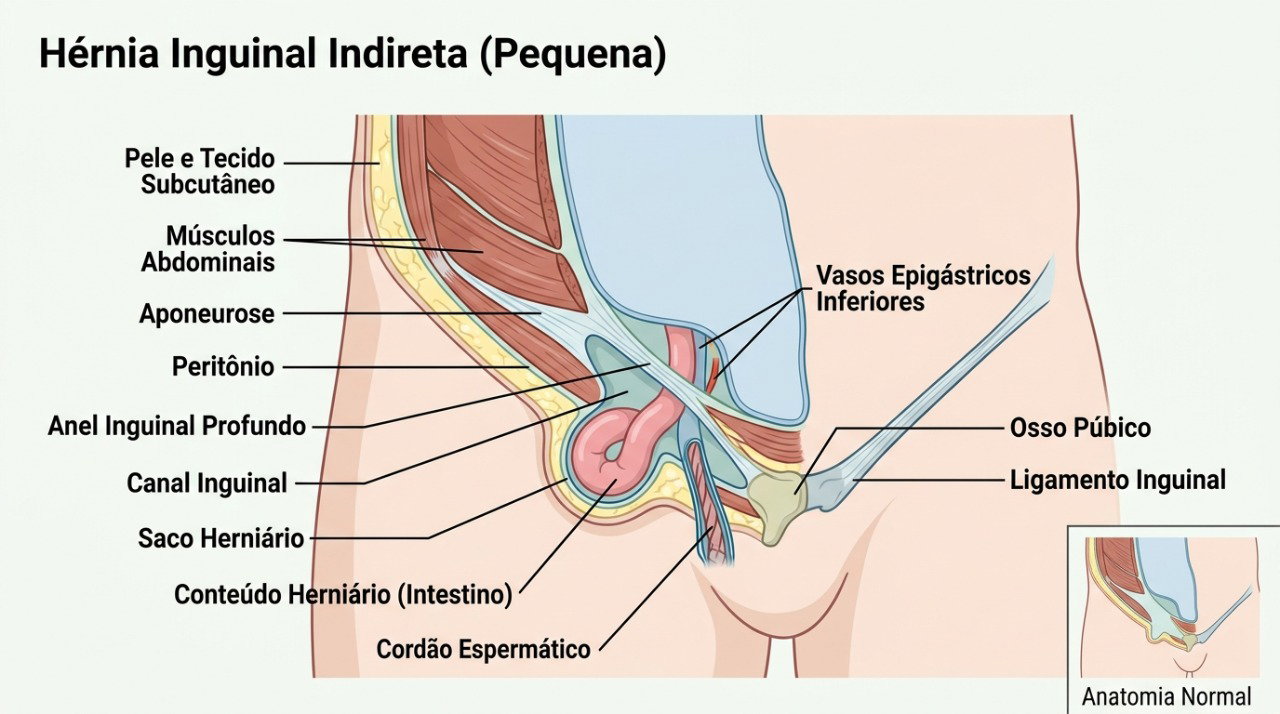 A hérnia inguinal ocorre quando tecido atravessa uma área enfraquecida da parede abdominal e forma uma saliência.