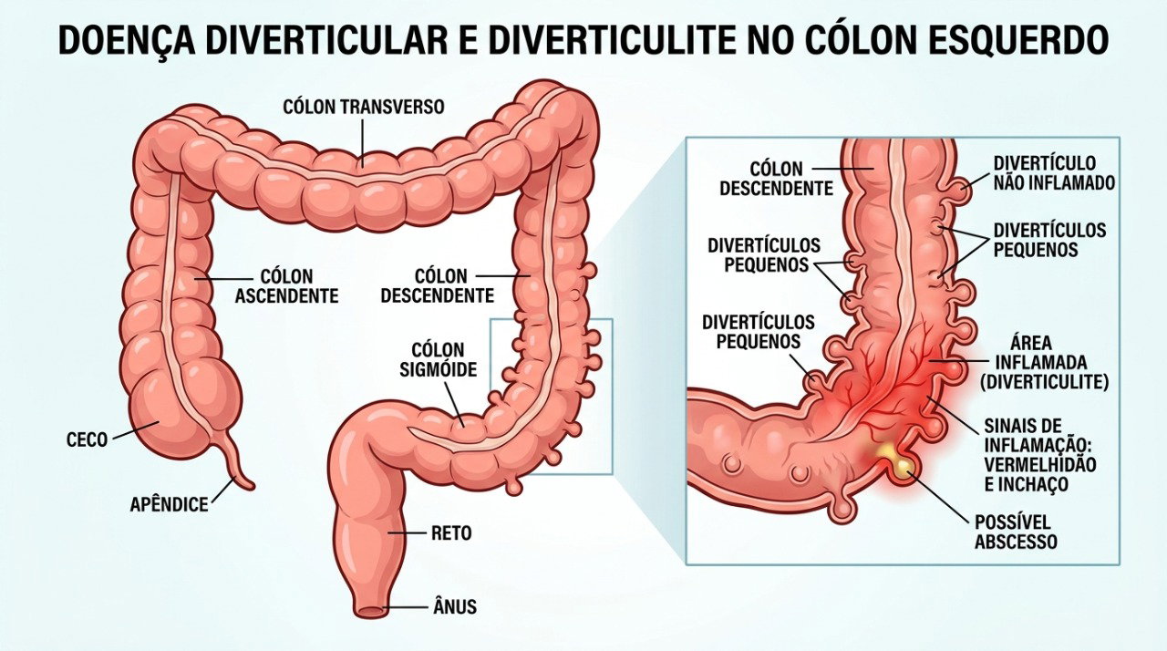 Na diverticulite, divertículos do intestino grosso podem inflamar e causar dor abdominal, febre e alterações intestinais.