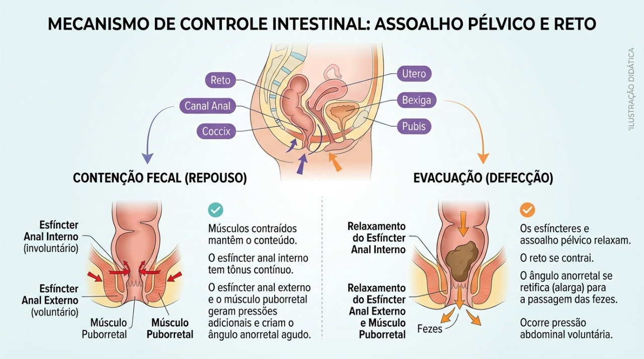 O controle das fezes depende da ação coordenada do reto, dos músculos do ânus, do assoalho pélvico e dos nervos.